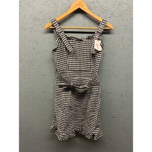 Ank Rouge‎ Women’s Houndstooth Ruffle Mini Dress Size M Black White Bow Belted